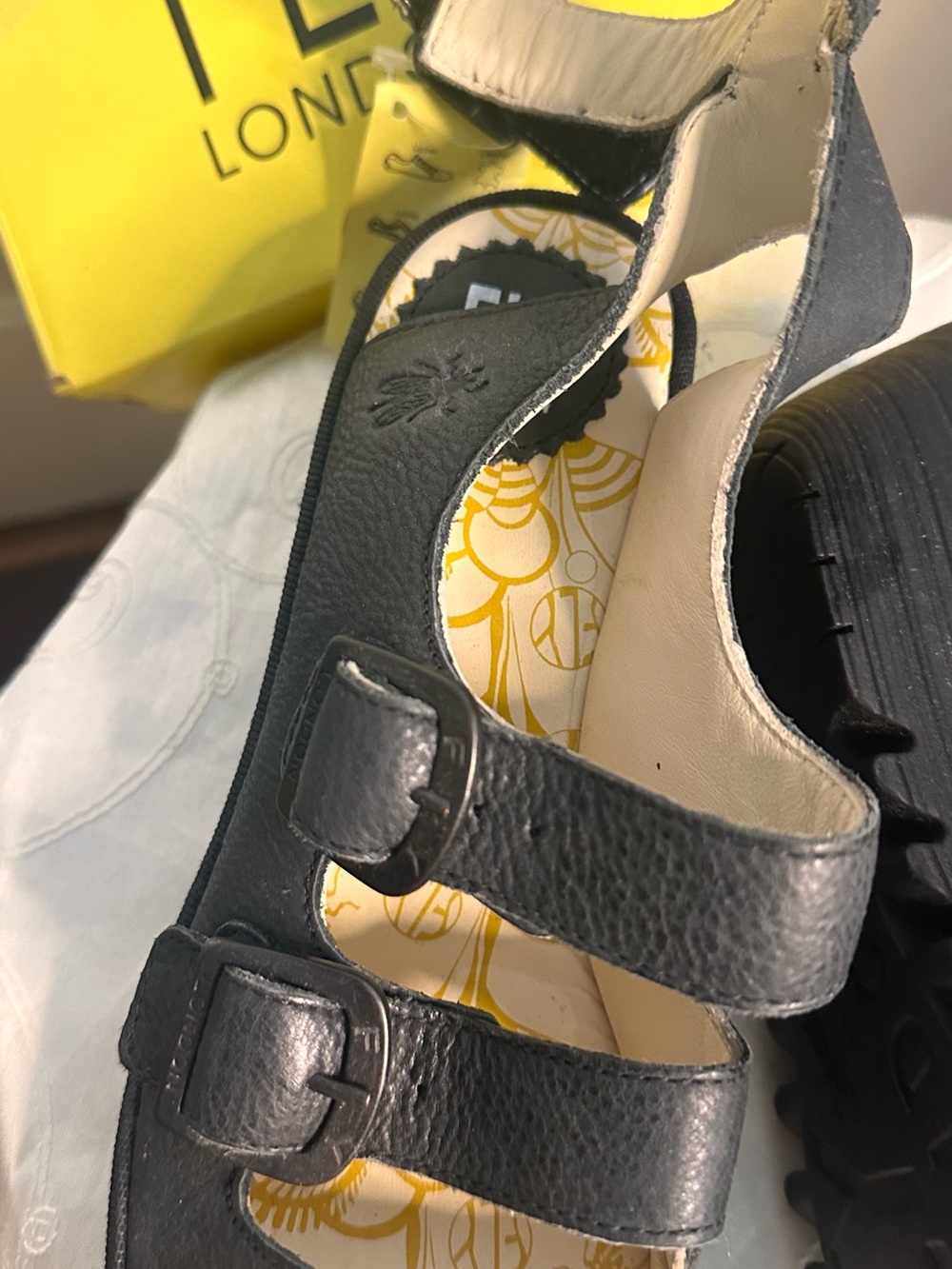 Fly London Black Leather Triple-Strap Wedge Sandals - Picture 7 of 8
